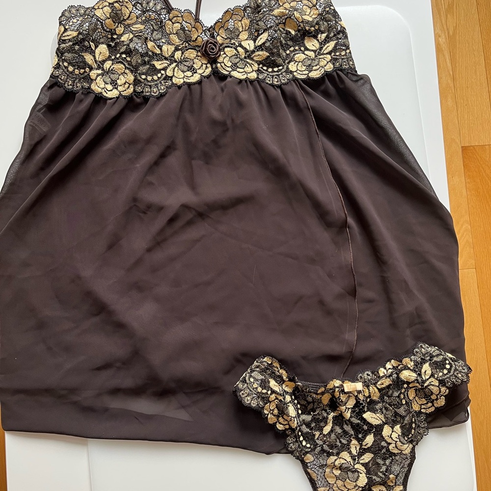 Chocolate & Gold Lace Lise Charmel Chemise with Matching Thong